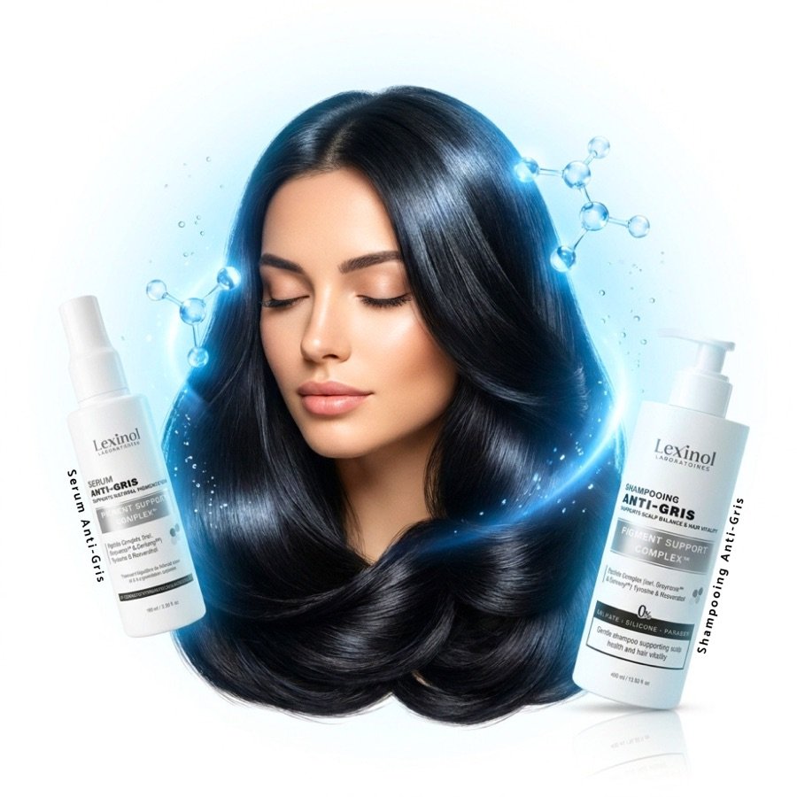Femme aux cheveux noirs brillants entourée du shampooing et du sérum Anti-Gris