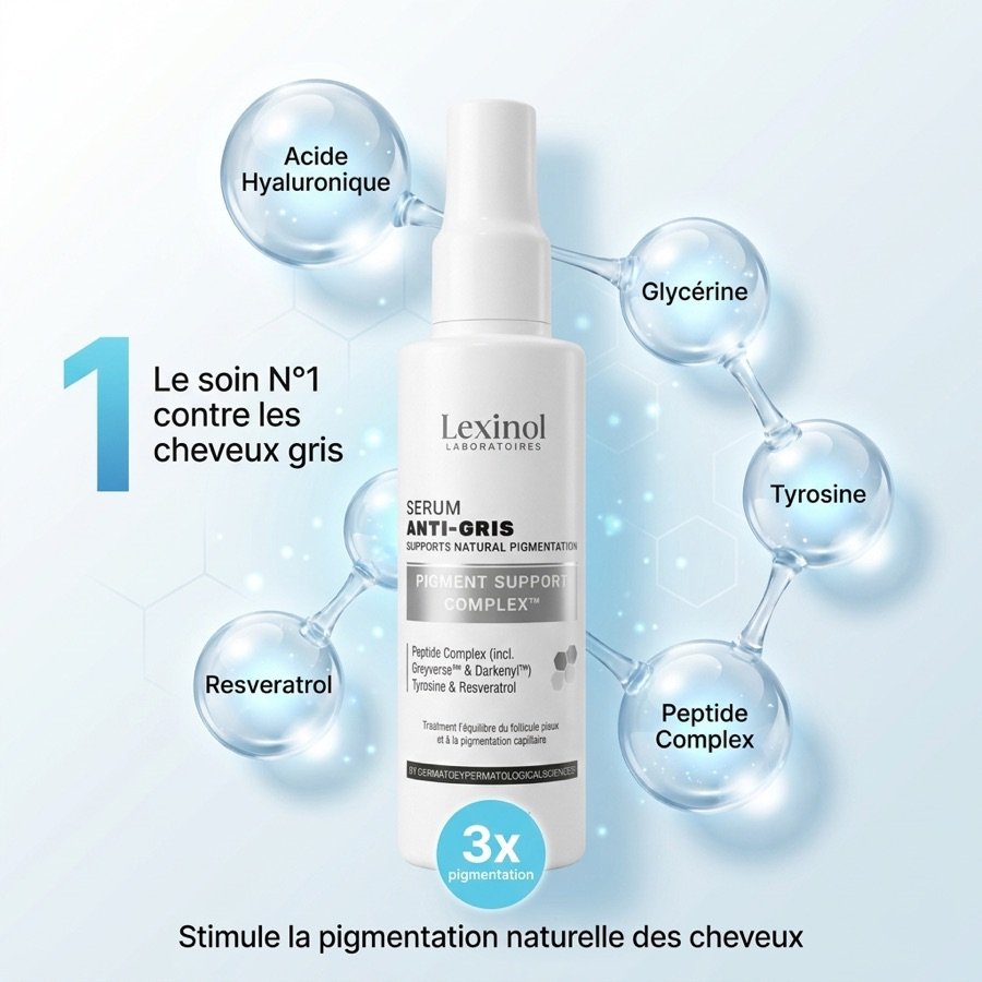 Sérum Anti-Gris entouré de ses actifs : acide hyaluronique, glycérine, tyrosine, peptide complex et resvératrol